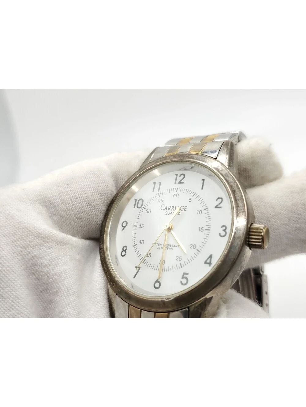 2004 Timex Carriage Quartz Watch Mens New Battery Two-Tone White Dial 36mm